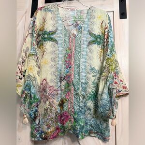 Johnny Was silk tunic top butterflies, exotic flowers adjustable sleeves medium